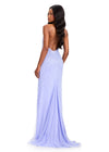 ASHLEYlauren 12413 Gown | Fully beaded Periwinkle gown with an open V-back design, fitted shape, and flowing fishtail hem with delicate sheer detailing
