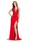ASHLEYlauren 12413 Gown | Red gown with a halter neck with a deep V neckline, structured V boning, allover beadwork with varying sizes, and thigh high leg slit