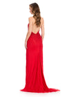 ASHLEYlauren 12413 Gown | Red sequin gown showcasing a sculpted fit, plunging open back, halter neck, and dramatic extended train with soft ruffle accents