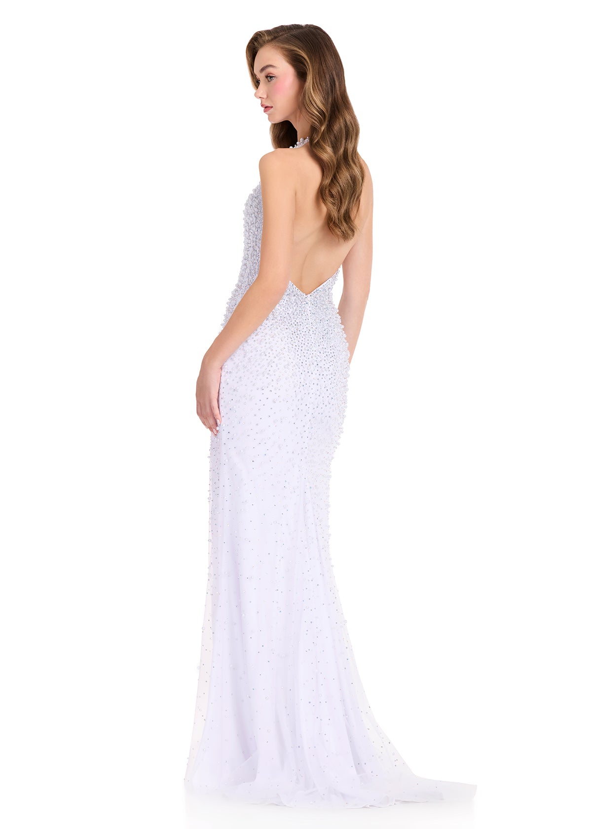 ASHLEYlauren 12413 Gown | Stunning White fully sequined halter gown with an open V-back, form-fitting silhouette, and statement mermaid hem with flowing train details