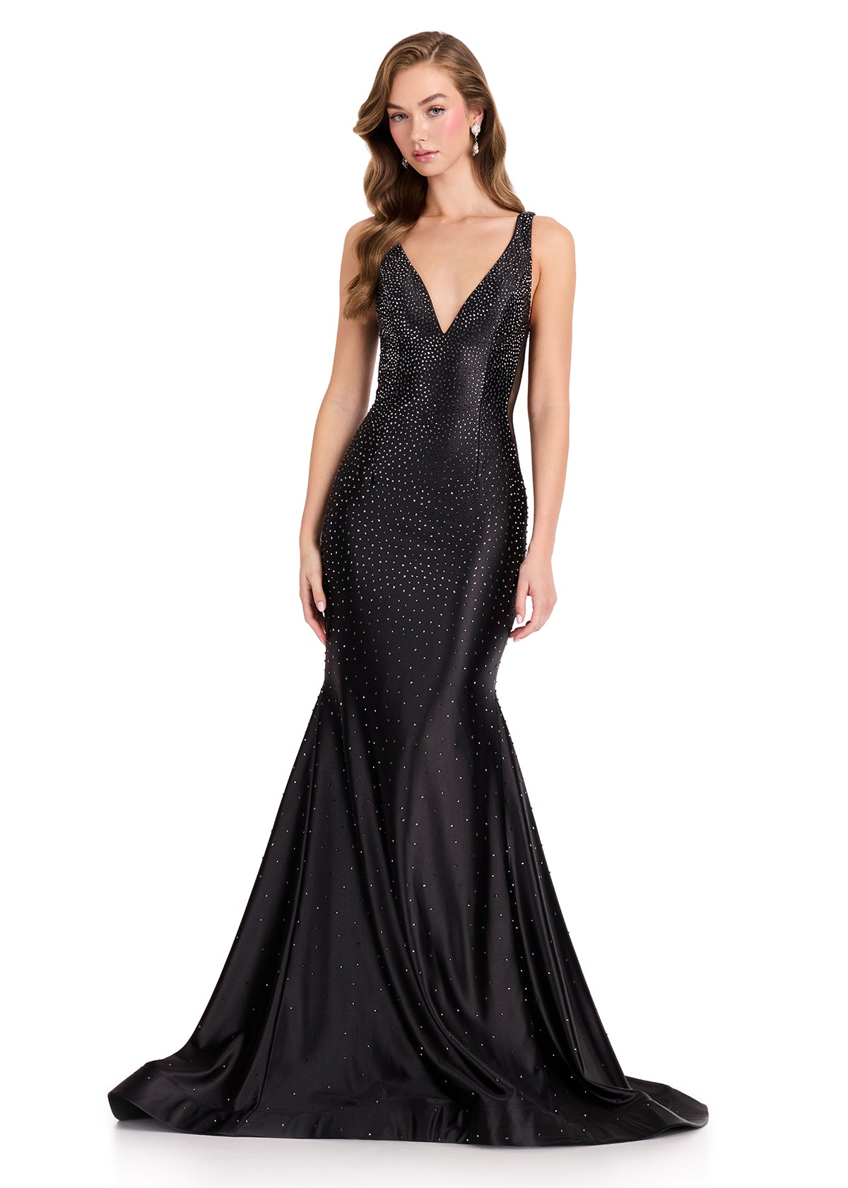 ASHLEYlauren 12414 Gown | full length gown with V shaped neckline with zip up in the back sparkly 