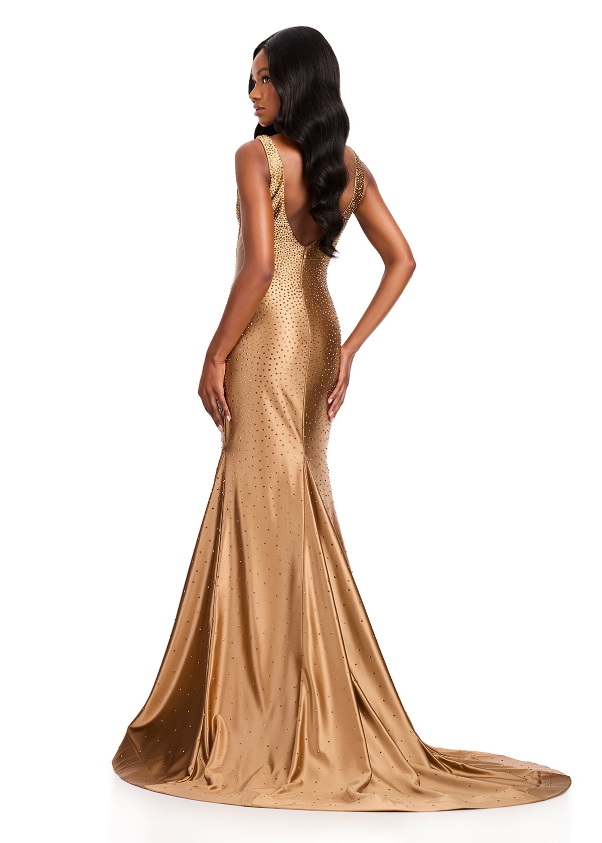 ASHLEYlauren 12414 Gown | Red carpet ready full length v neck gown full length zip up with dazzling sparkles 
