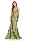 ASHLEYlauren 12414 Gown | Deep olive green full length prom dress with v neck and low cut v neck zip up gown 