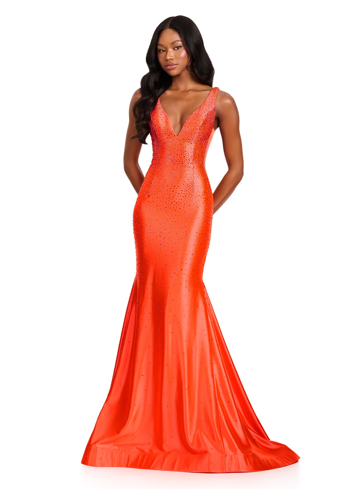 ASHLEYlauren 12414 Gown | Vibrant orange luxury prom dress with sparkles v cut gown low back