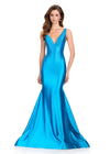 ASHLEYlauren 12414 Gown | Elegant peacock full length v neck and low cut back prom dress