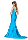 ASHLEYlauren 12414 Gown | Luxury peacock full length gown with sparkly embellishments and low cut v neck 