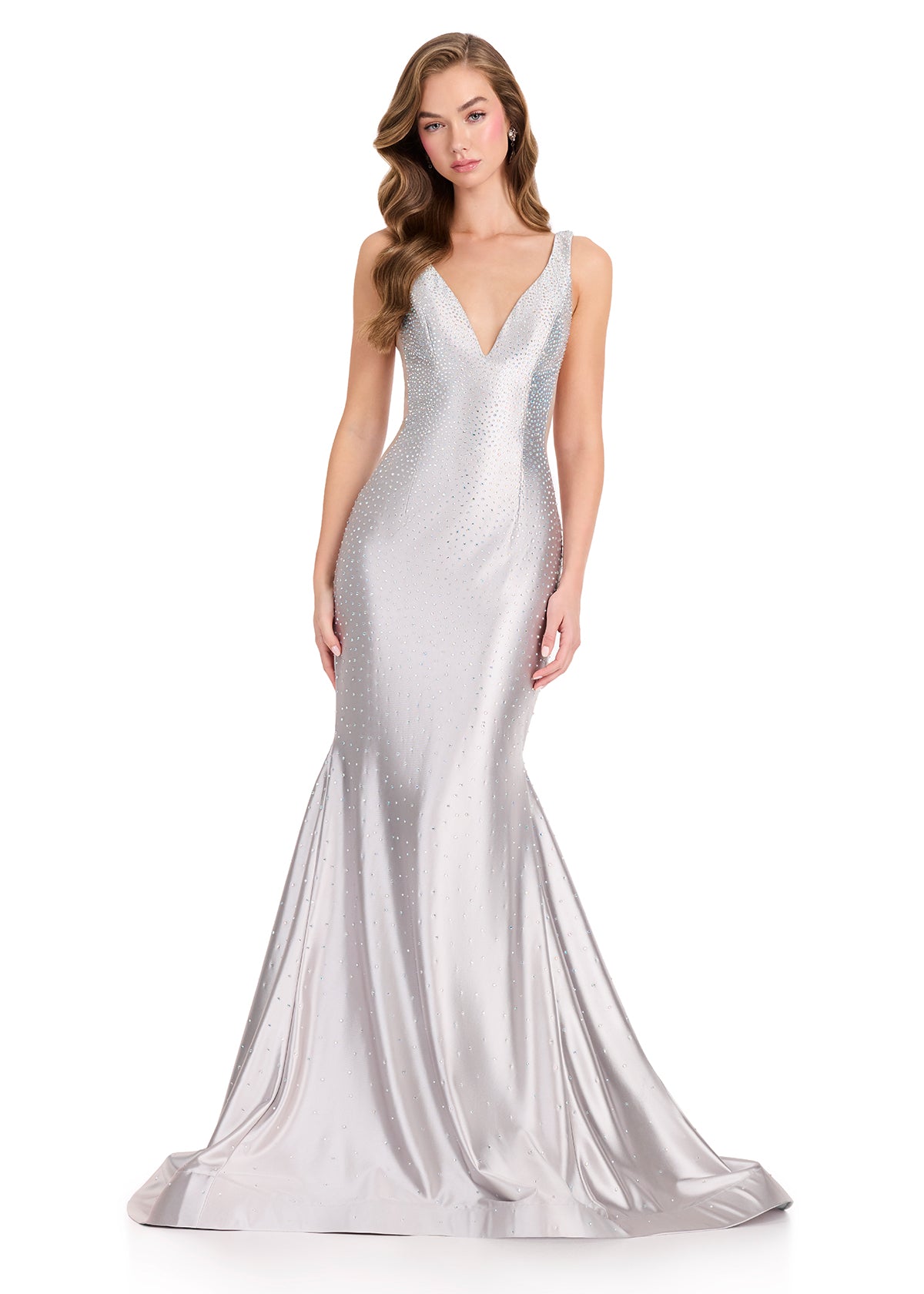ASHLEYlauren 12414 Gown | Luxury silver glamorous full length sparkly prom dress zip up 