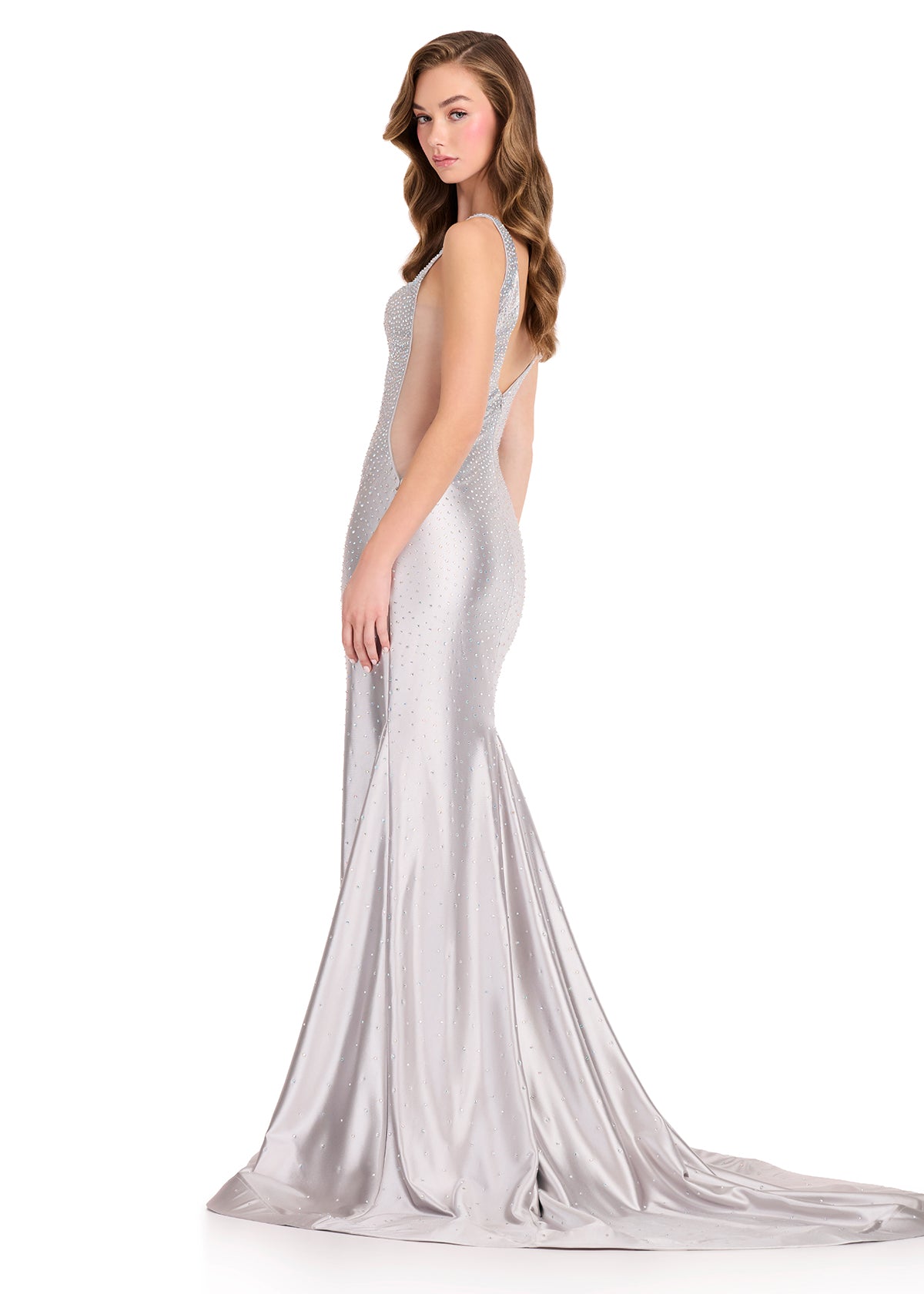 ASHLEYlauren 12414 Gown | Silver gown V neckline with sparkles all over the gown prom dress