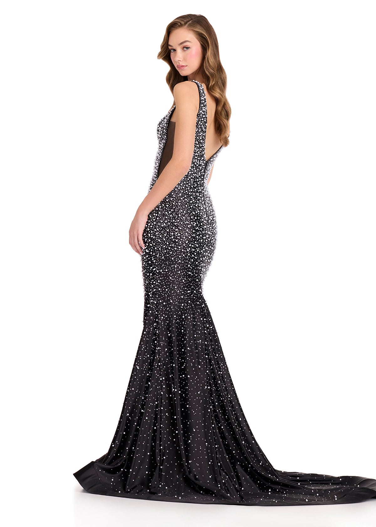 ASHLEYlauren 12415 Gown | Dazzling black elegant prom dress with sparkles and v neck zip up back 