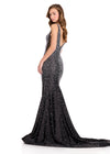ASHLEYlauren 12415 Gown | Dazzling black elegant prom dress with sparkles and v neck zip up back 