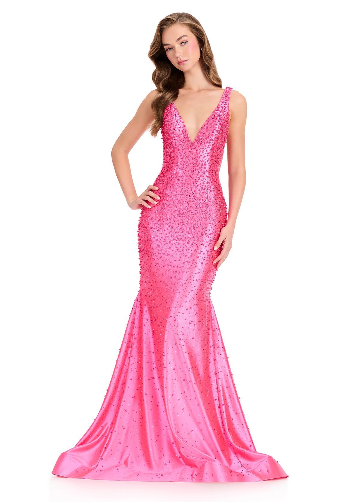 ASHLEYlauren 12415 Gown | Fuchsia pink V neck sparkly form fitted zip up full length prom dress