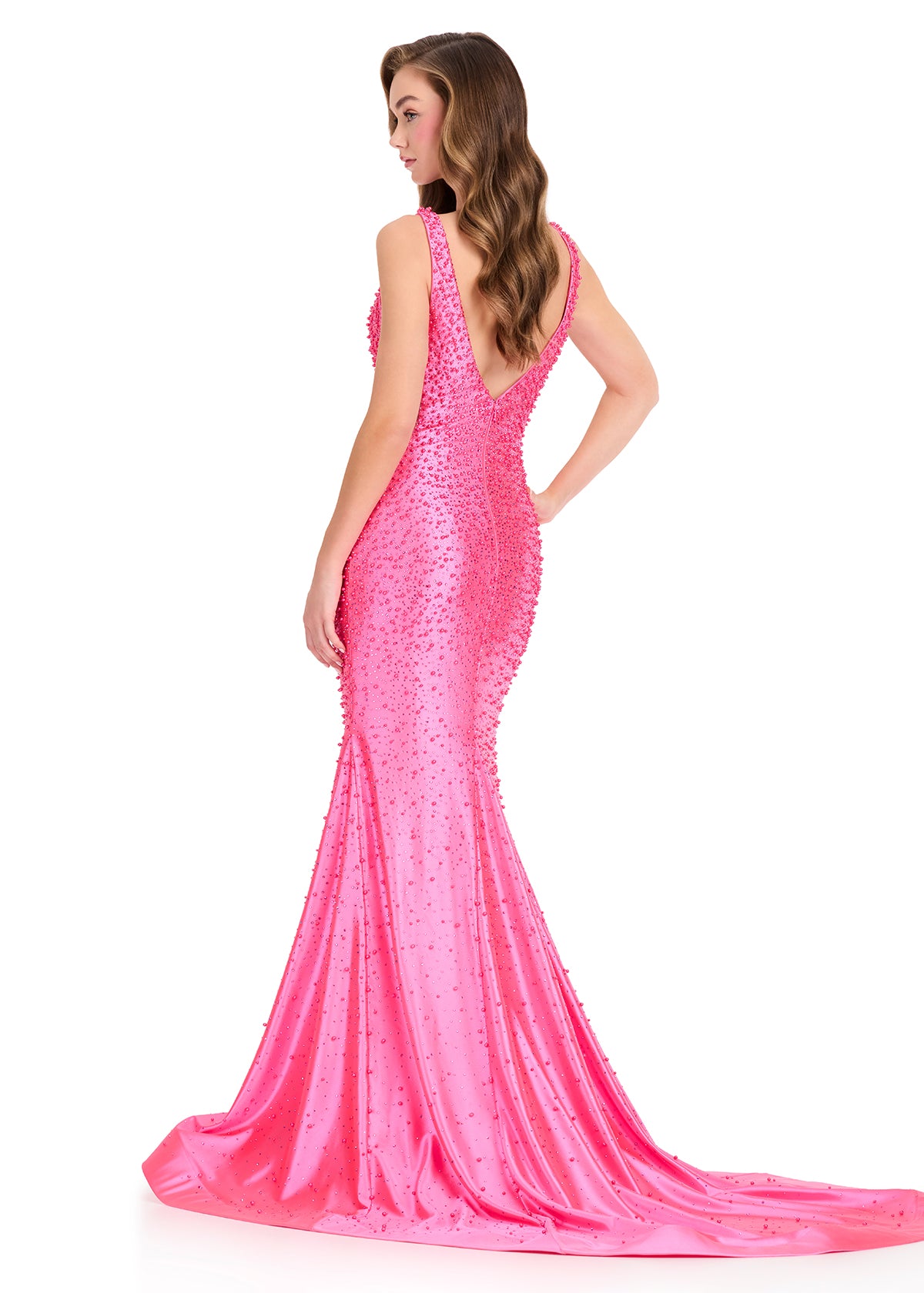 ASHLEYlauren 12415 Gown | Fuchsia flattering full fitted sparkly evening gown zip up back 