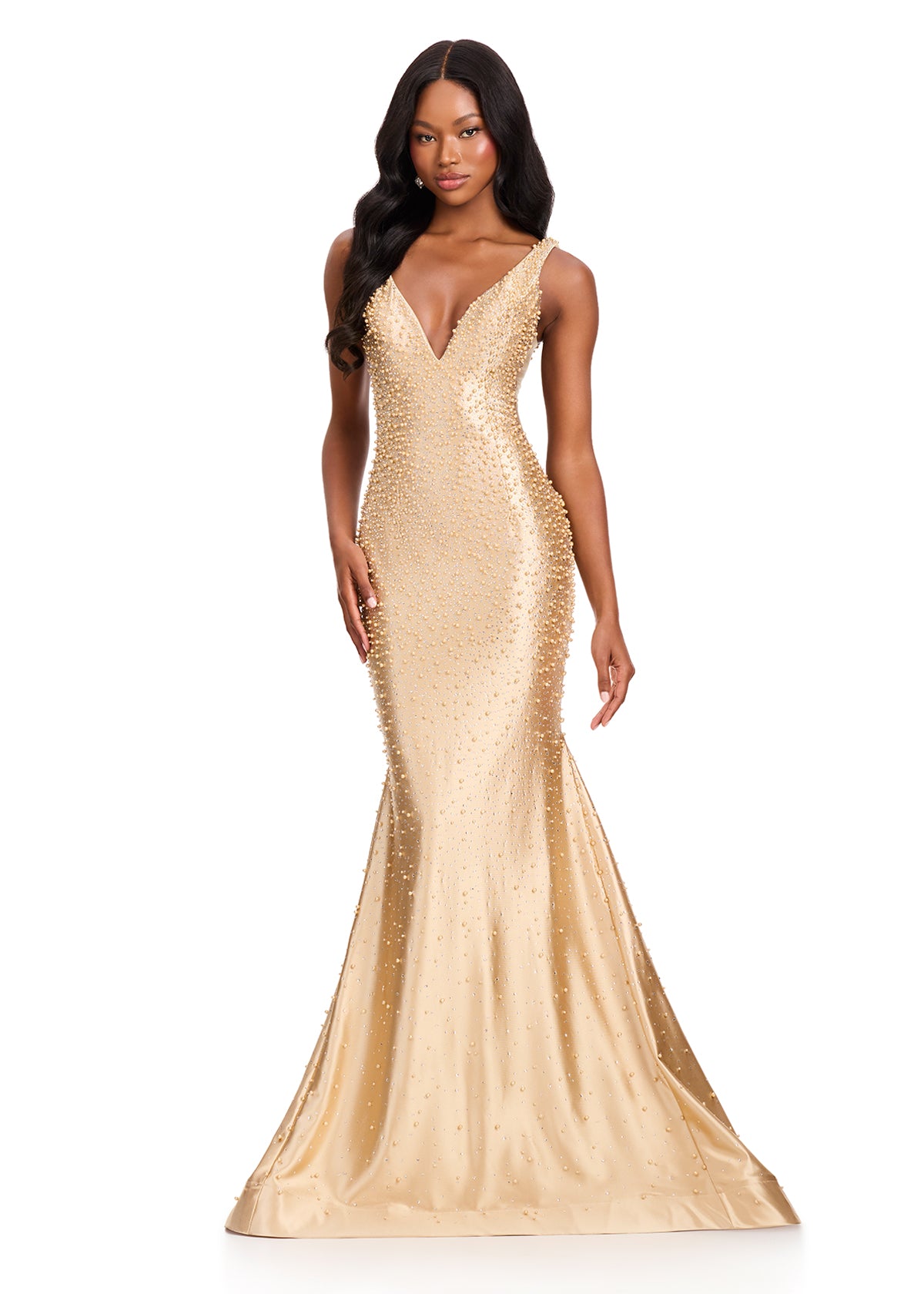 ASHLEYlauren 12415  Gown | Gala full length form fitted sparkly gold prom dress with zip up  back