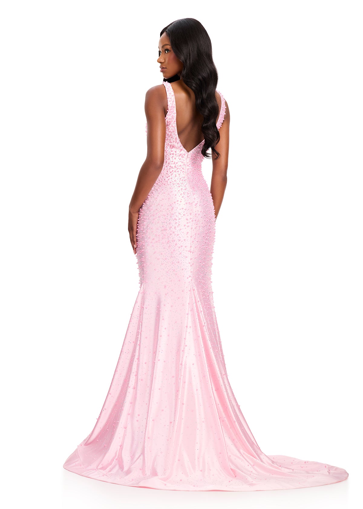 ASHLEYlauren 12415 Gown | Ice pink long v neck prom dress with pearl embellishments zip up 