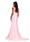ASHLEYlauren 12415 Gown | Ice pink long v neck prom dress with pearl embellishments zip up 