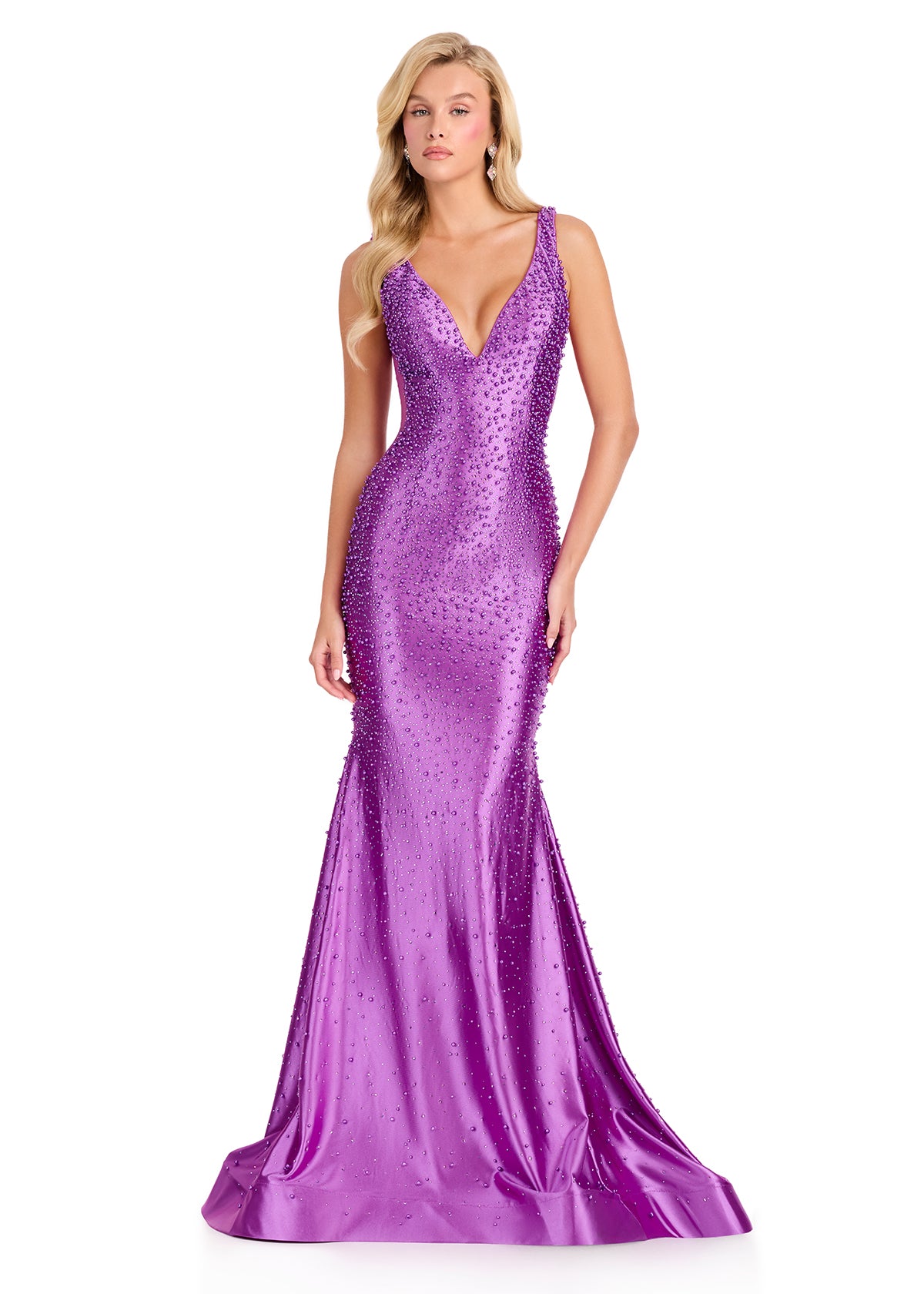 ASHLEYlauren 12415 Gown | Elegant purple form fitting stunning sparkly v neck form fitting gown 