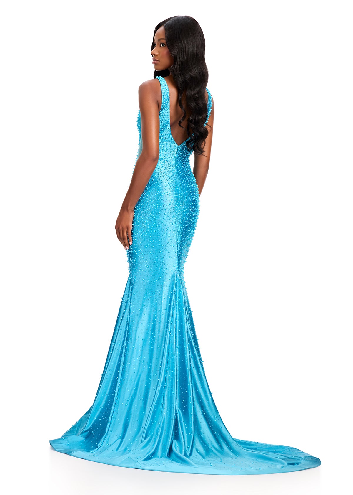 ASHLEYlauren 12415 Gown | Turquoise full length form fitting evening gown v neck and beautiful embellishments 