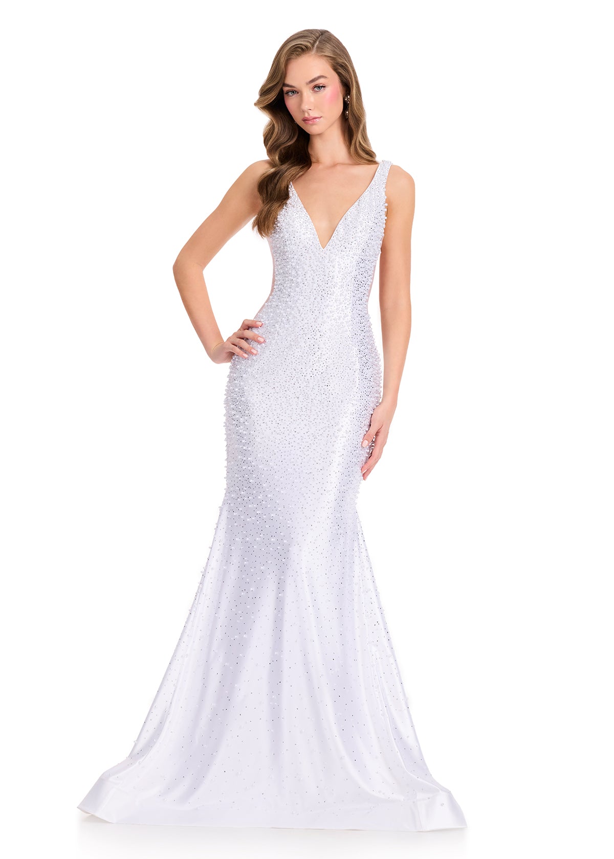 ASHLEYlauren 12415 Gown | Elegant white evening gown with v neck and white pearl embellishments 