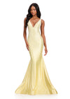 ASHLEYlauren 12415 Gown | yellow Full length v neck prom dress with pearl embellishments 