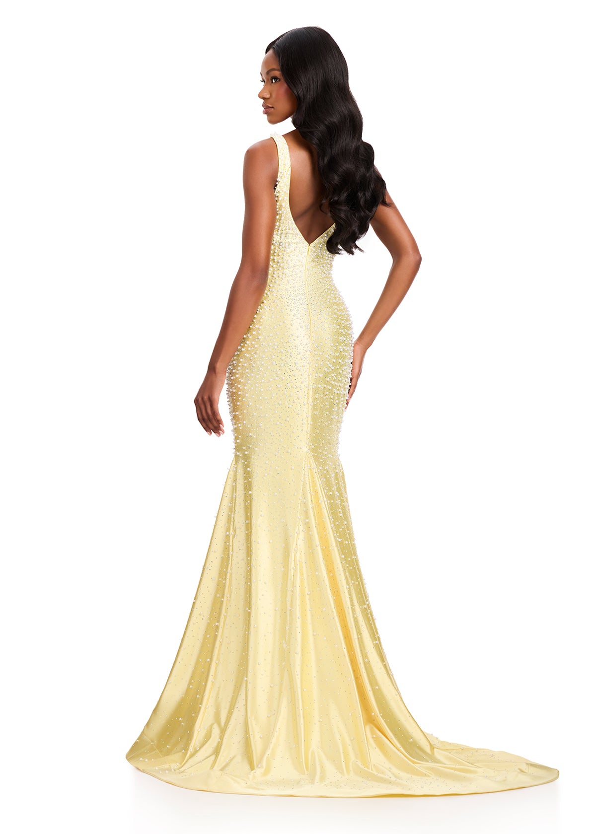 ASHLEYlauren 12415 Gown | Gorgeous vibrant yellow v neck gown with embellishments and zip up 