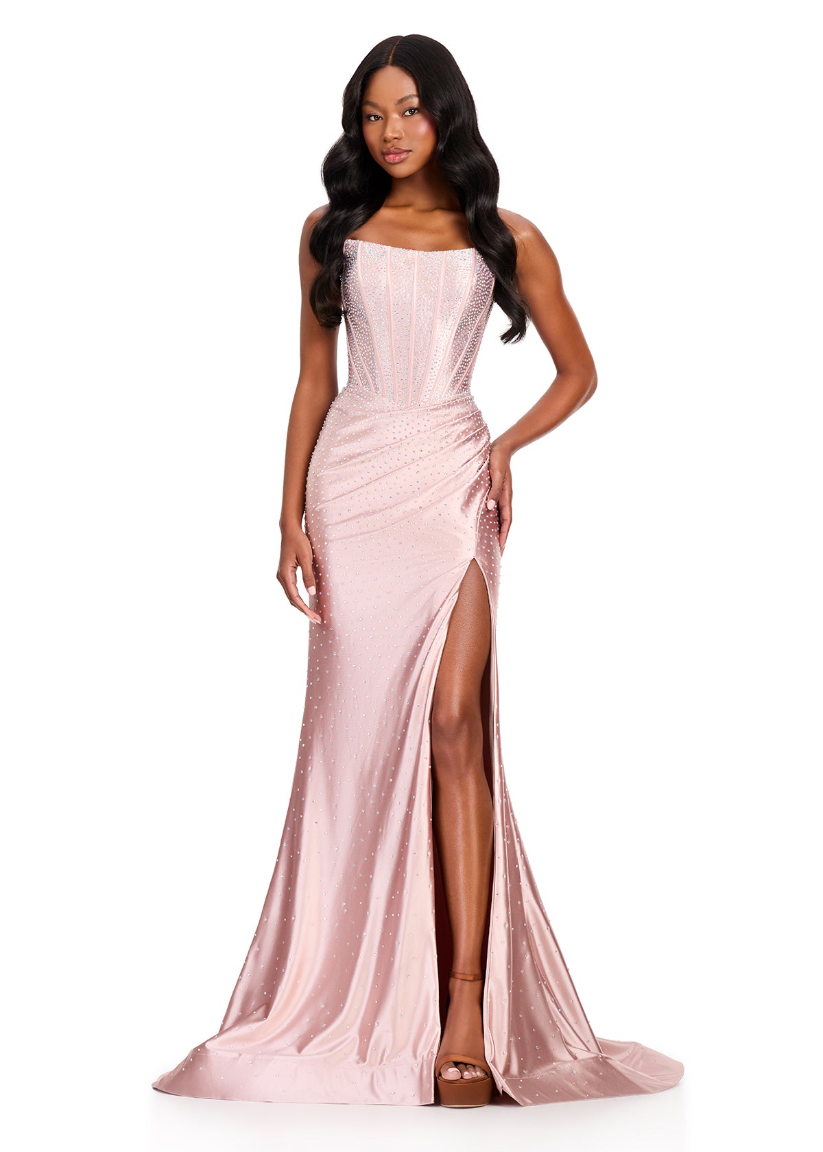 ASHLEYlauren 12416 Gown | Stunning champagne full length prom dress with sparkles and a cinched back 