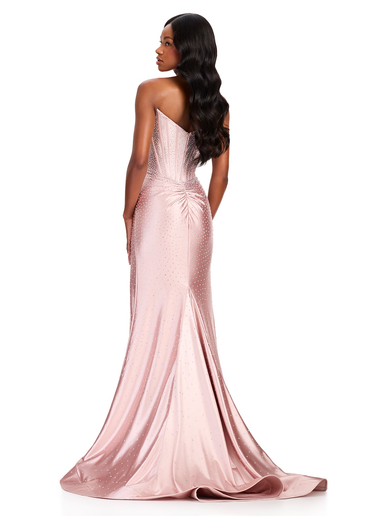 
ASHLEYlauren 12416 Gown | champagne full length sparkly prom dress with cinched back zip up 
