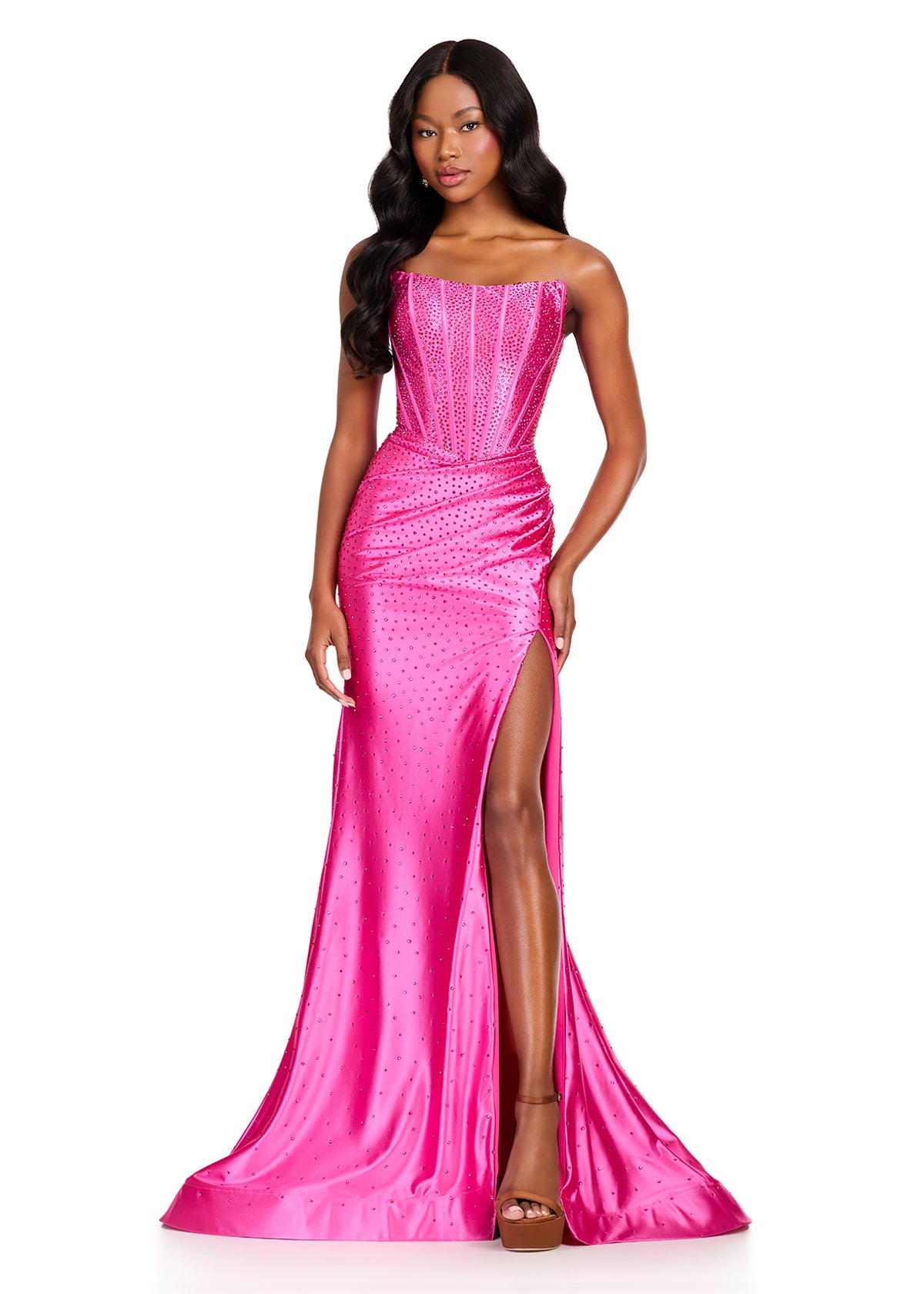 ASHLEYlauren 12416 Gown | Glamourous full length gown with sparkles and a cinched back zip up 