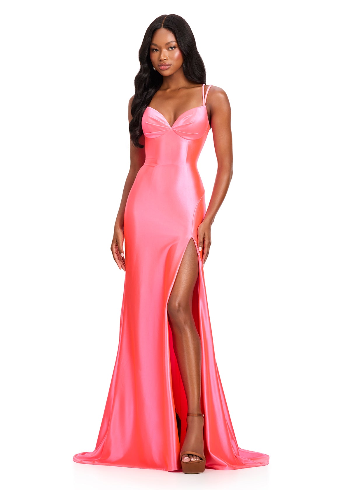 ASHLEYlauren 12417 Gown | Neon pink elegant full length prom dress with corset backing 