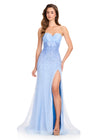 ASHLEYlauren 12418 Gown | Strapless sky blue gown with beaded embellishments and bow on the top 