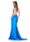 ASHLEYlauren 12419 Gown | Blue sparkly gown with open back and v cut neck zip up 