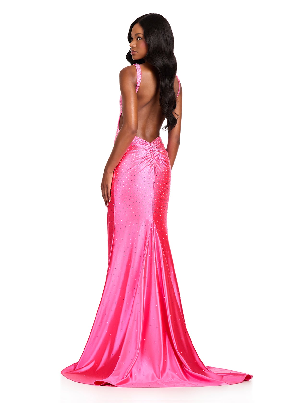 ASHLEYlauren 12419 Gown | Full length open back prom dress with sparkles zip up 
