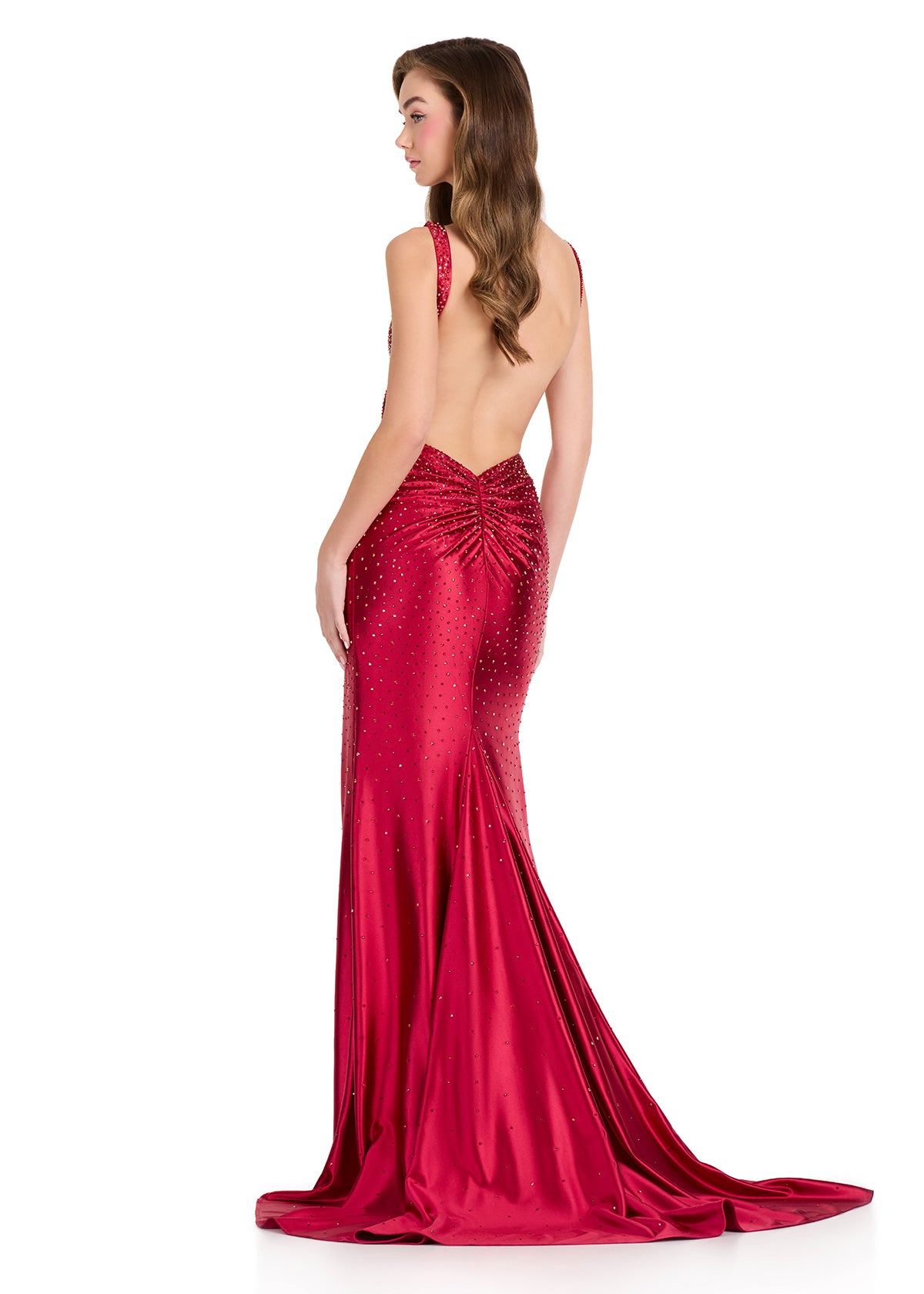 ASHLEYlauren 12419 Gown | Dark red full length v neck evening gown zip up sparkly 