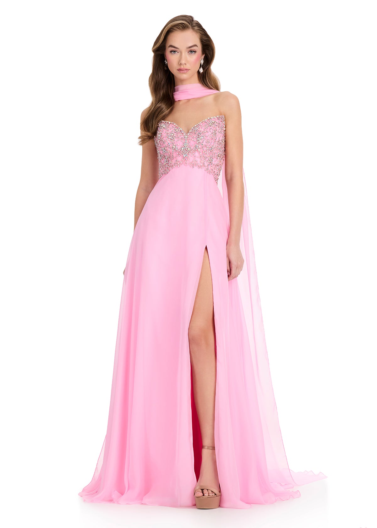 ASHLEYlauren 12420 Gown | Ice pink formal full length gown with beaded top and elegant cape strapless and zip up 