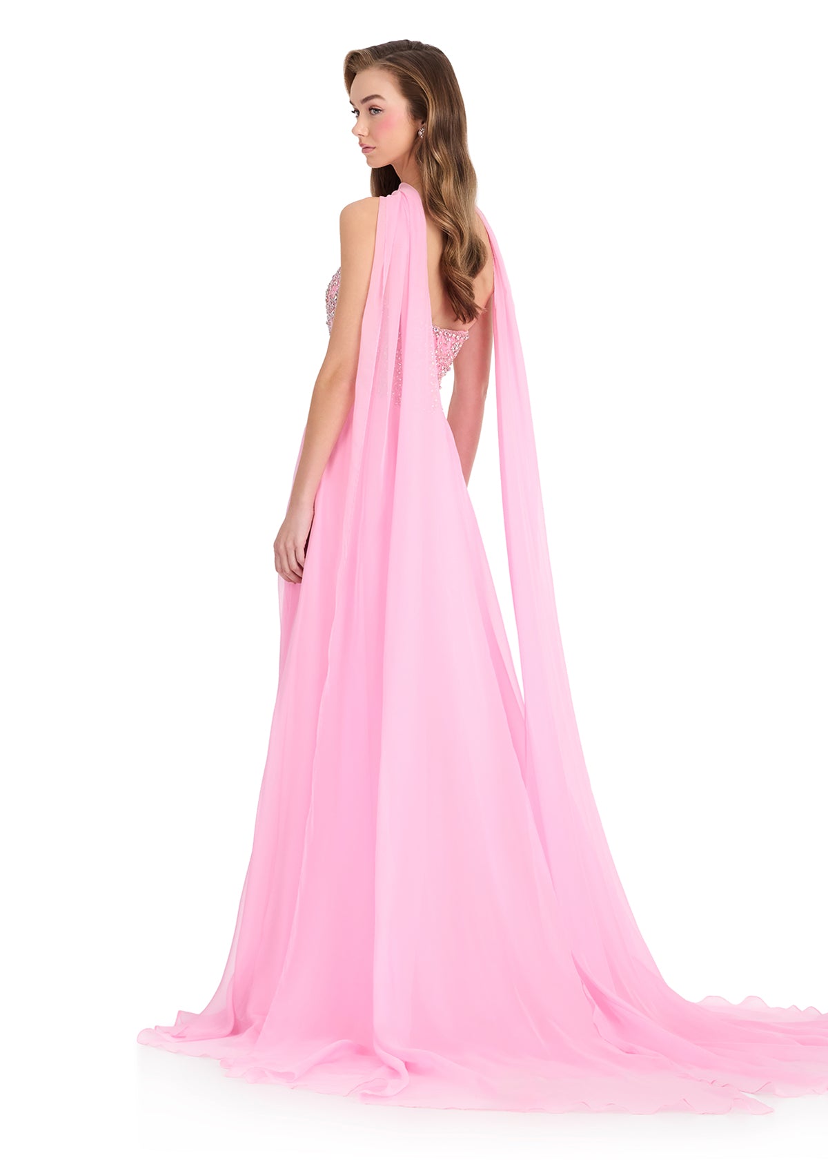 ASHLEYlauren 12420 Gown | Full length light pink formal dress strapless with beaded top and cape 