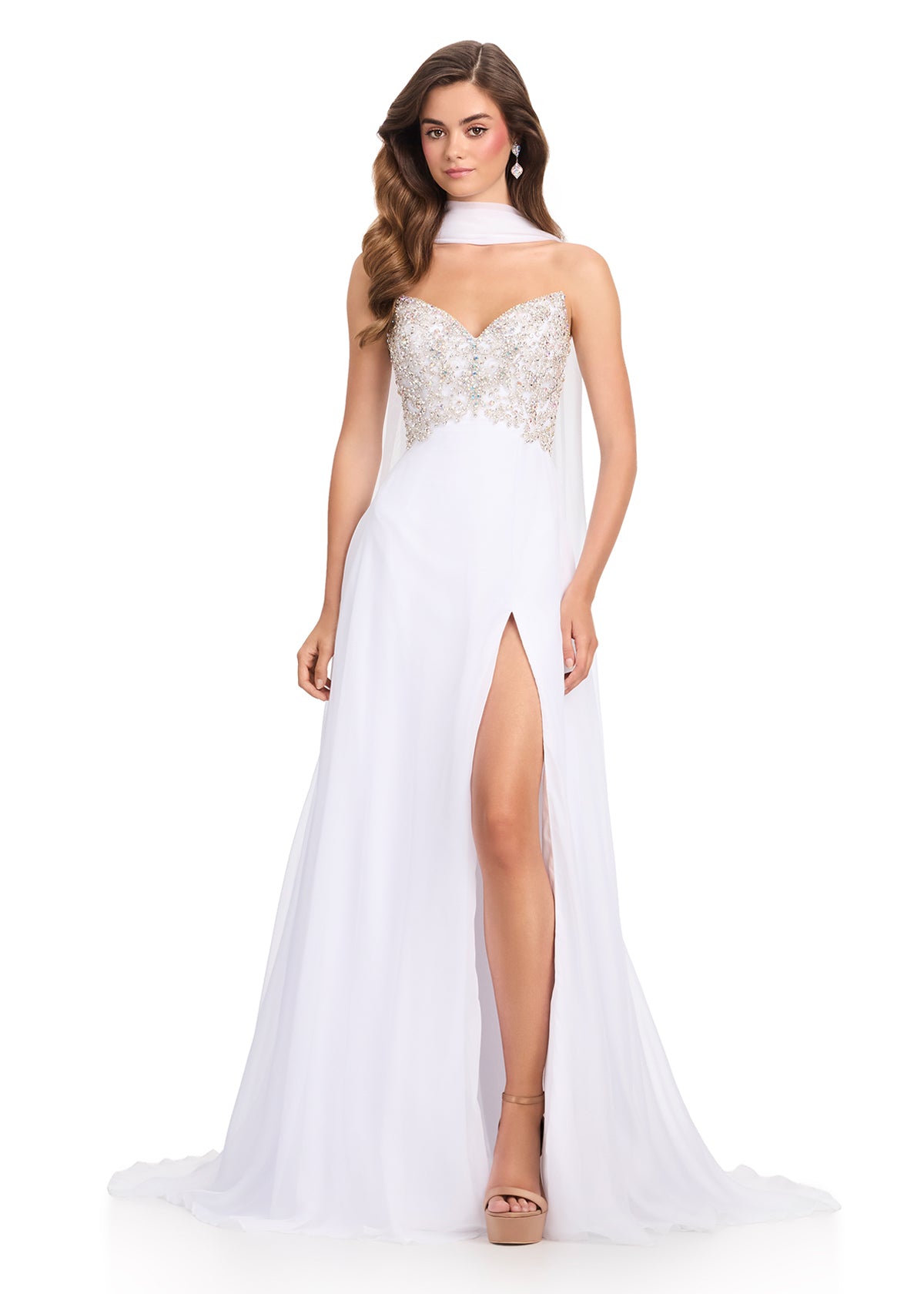 ASHLEYlauren 12420 Gown | Ivory full length formal gown strapless with beaded top and cape around neck 