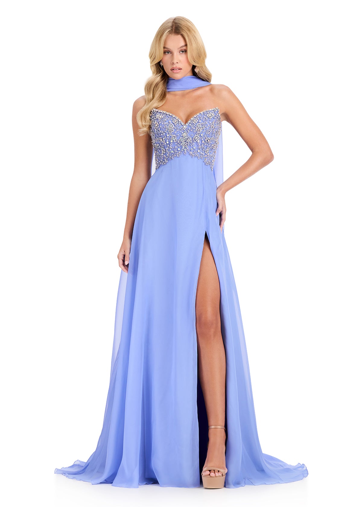 ASHLEYlauren 12420 Gown | Periwinkle full length chiffon gown with beaded top and cape around neck 