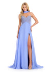 ASHLEYlauren 12420 Gown | Periwinkle full length chiffon gown with beaded top and cape around neck 