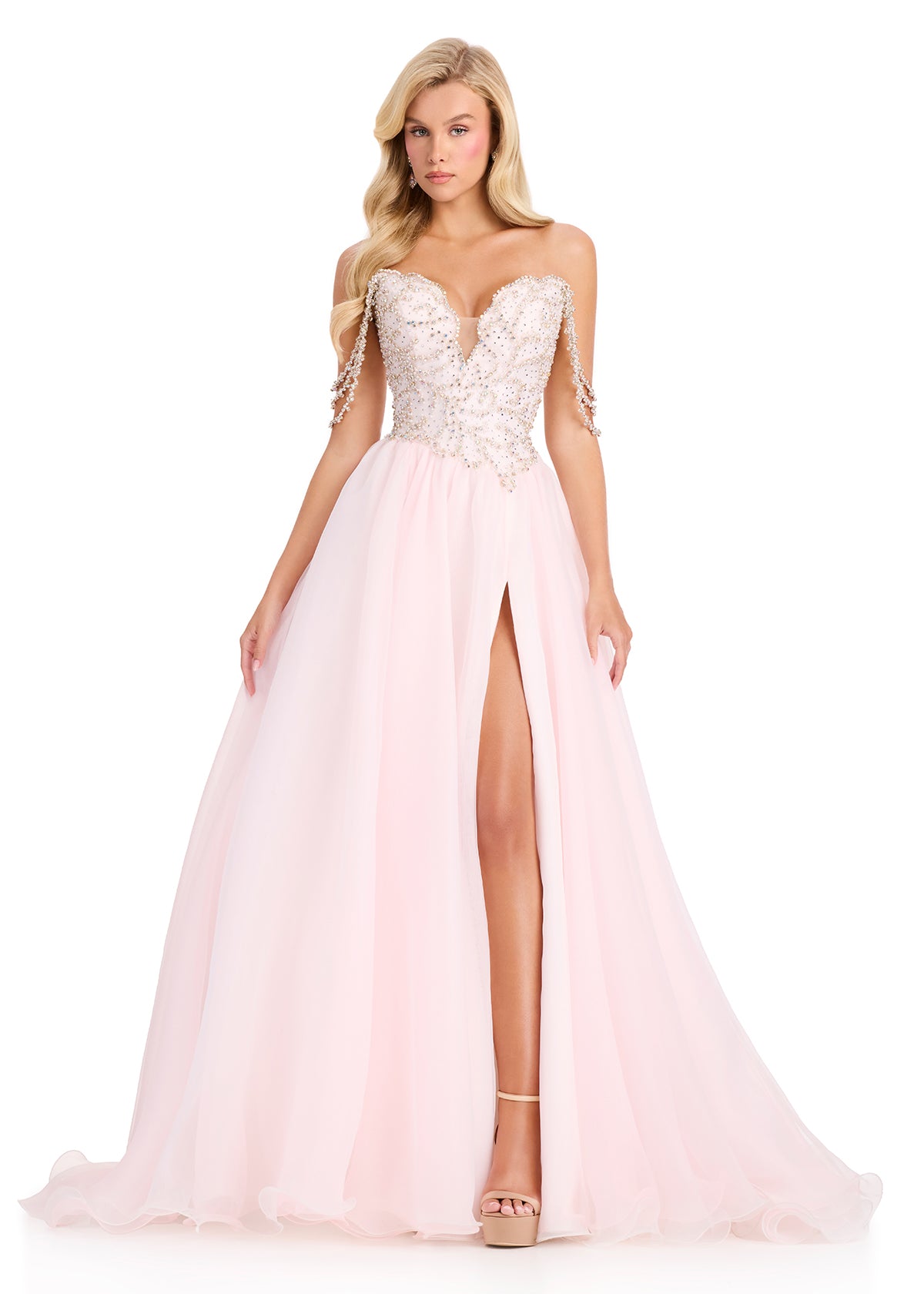 ASHLEYlauren 12421 Gown | Light pink elegant ball gown with beaded top and off the shoulder straps