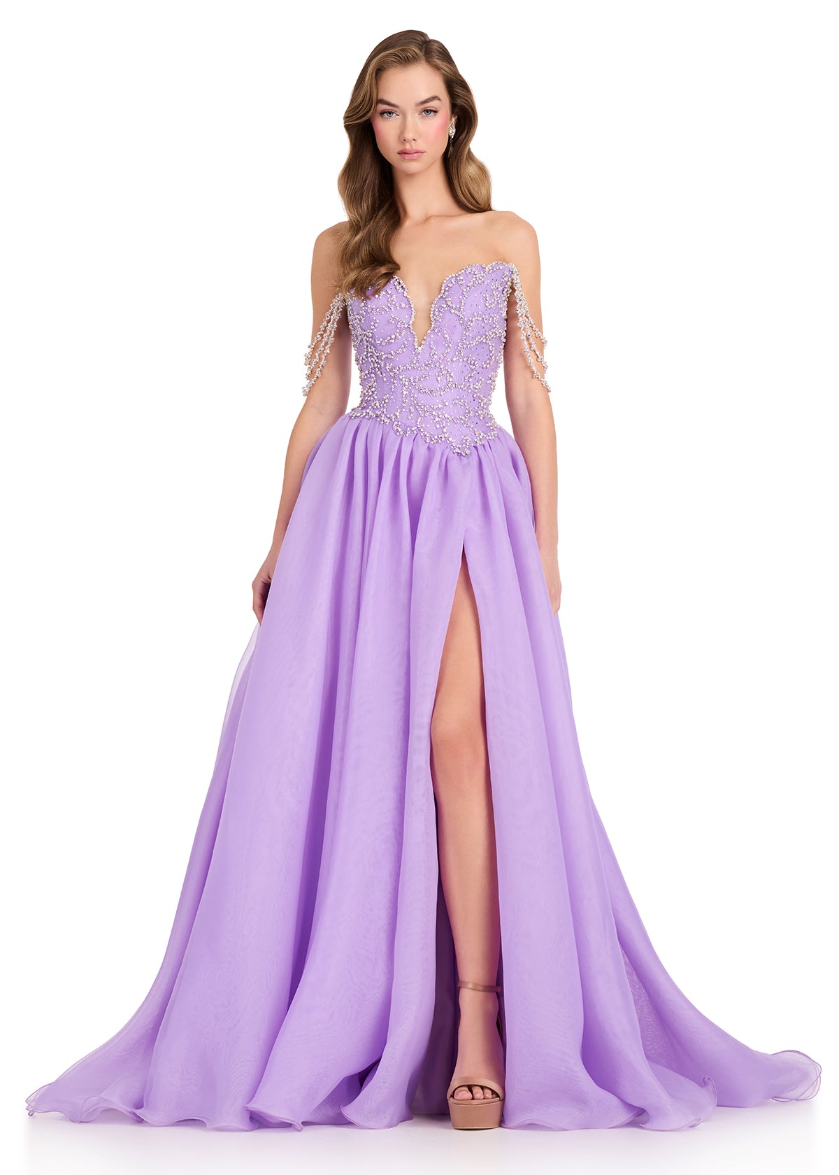 ASHLEYlauren 1241 Gown | Purple Full length ball gown off the shoulder straps with beaded top zip up 