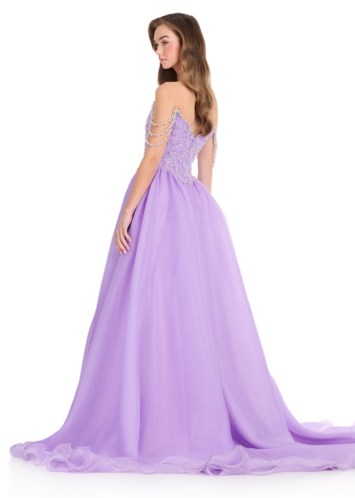 ASHLEYlauren 1241 Gown | Elegant purple gown with beaded off the shoulder sleeves ball gown