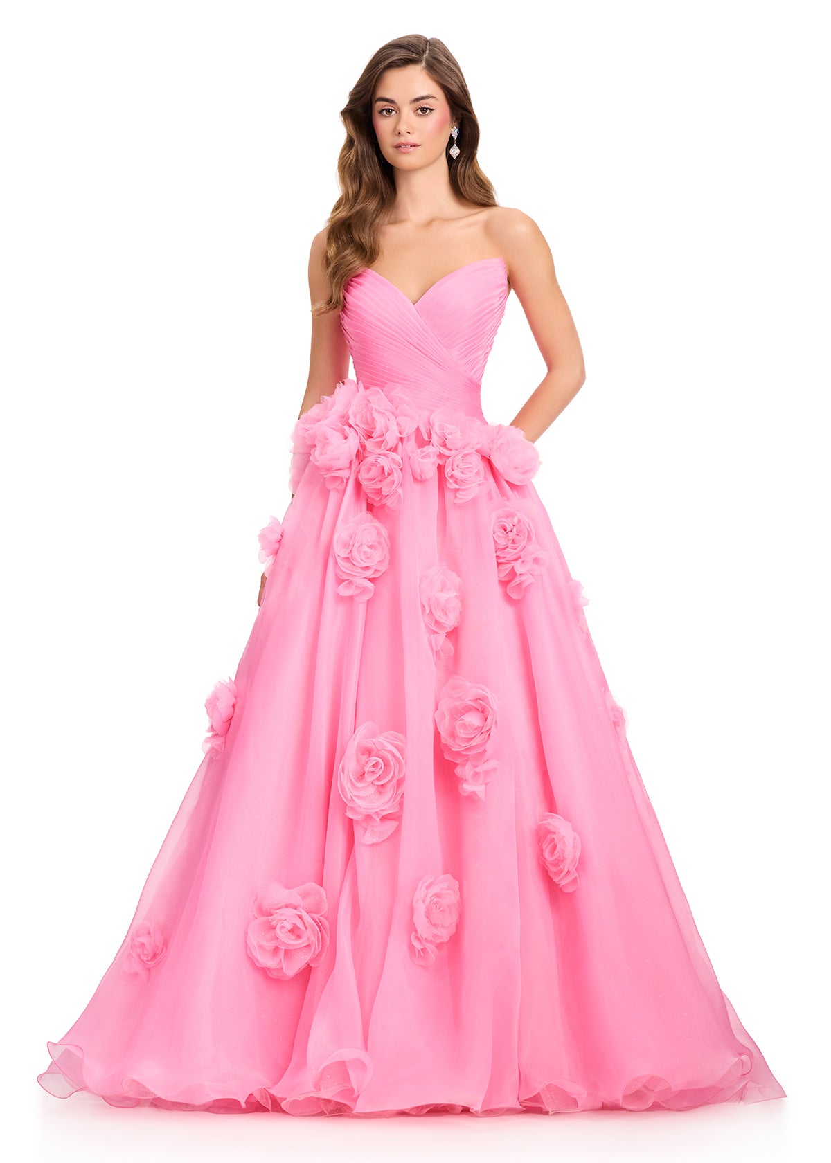 ASHLEYlauren 12422 Gown | Full length light pink strapless gown with flower embellishments zip up 