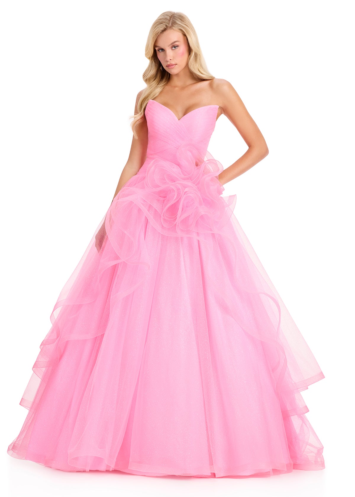 ASHLEYlauren 12423 Gown |  elegant Full length ball gown strapless with tulle flower on the side