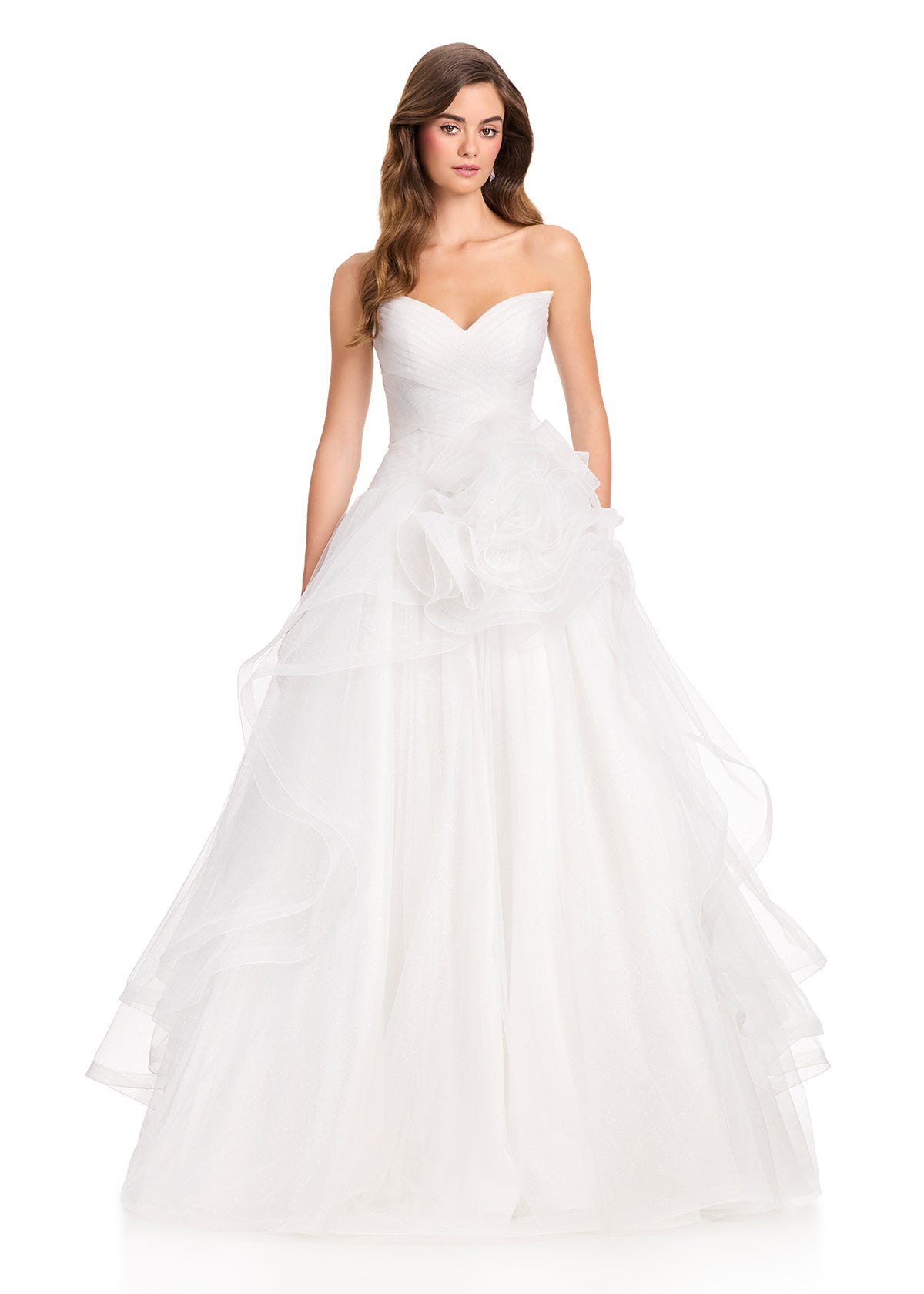 ASHLEYlauren 12423 Gown | Elegant tulle strapless ballgown with a floral embellishment on the side