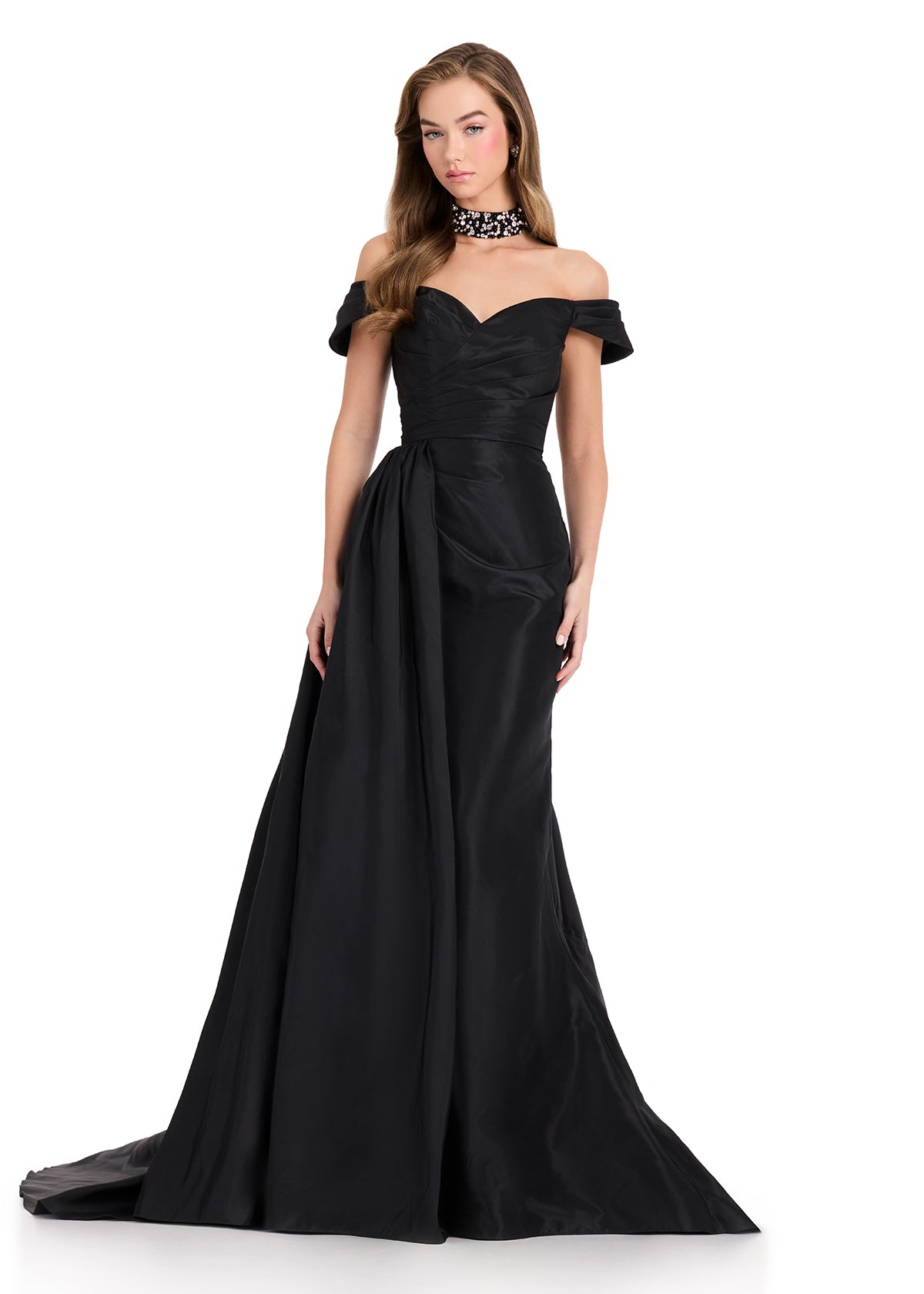 ASHLEYlauren 12424 Gown | Beautiful full length off the shoulder gown with elegant side overskirt and choker 