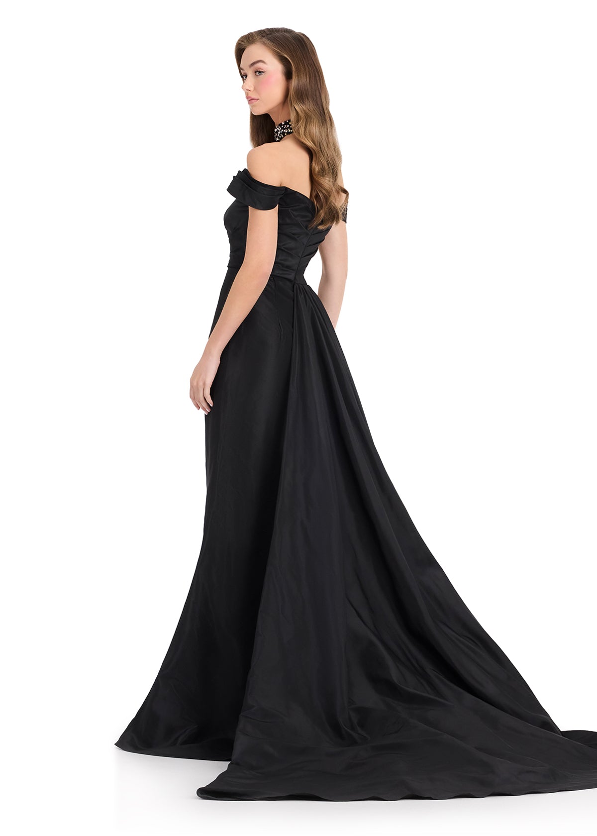 ASHLEYlauren 12424 Gown | Stunning full length evening gown with off the shoulder straps and a side overskirt and dazzling choker