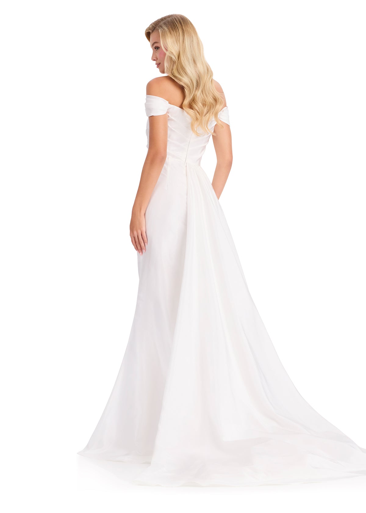 ASHLEYlauren 12424 Gown | Elegant ivory gown off the shoulder zip up with side overskirt and a stoned choker 