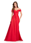 ASHLEYlauren 12424 Gown | Elegant red off the shoulder gown with a dazzling choker and side overskirt 