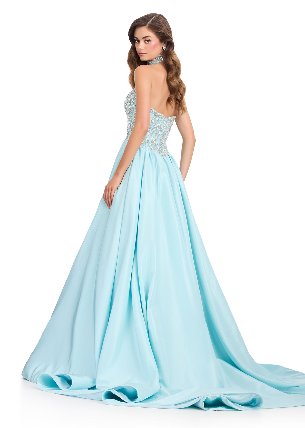 ASHLEYlauren 12425 | Gown Stunning ice blue strapless ball gown with beaded choker and top 