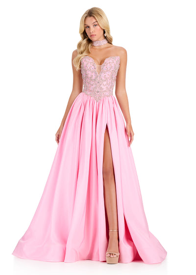 ASHLEYlauren 12425 Gown | Ice pink full length ball gown with beaded top and choker 