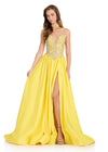 ASHLEYlauren 12425 Gown | Beautiful v neck yellow strapless gown with beaded top and choker 